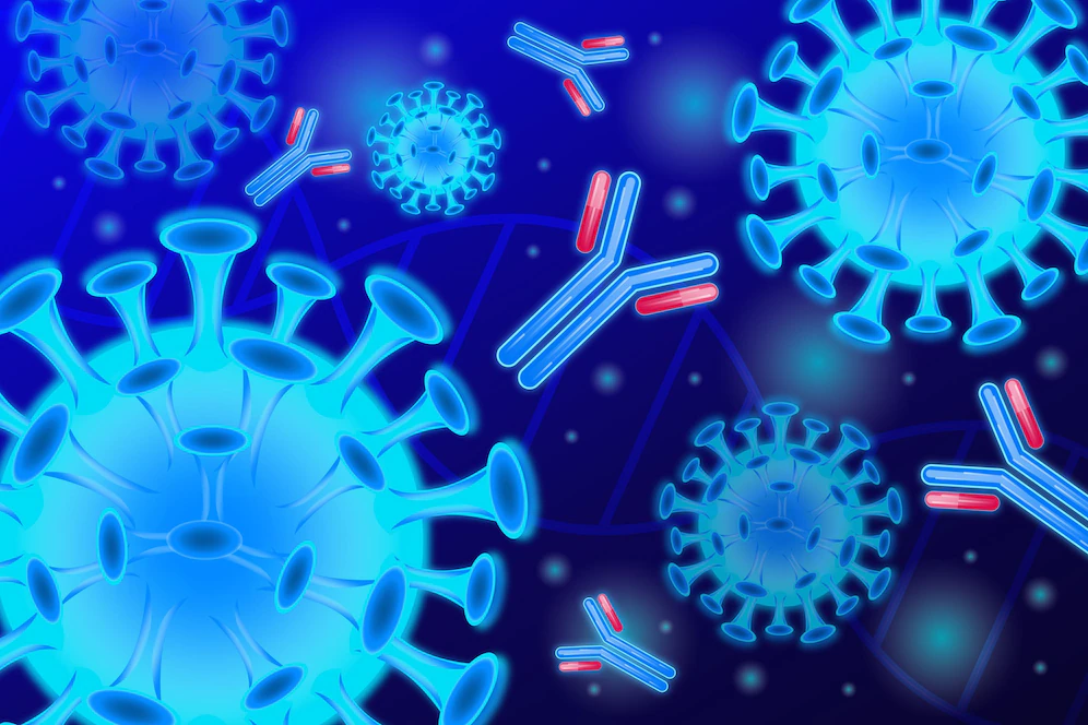 background with virus particles interacting with antibody molecules 23 2148589190