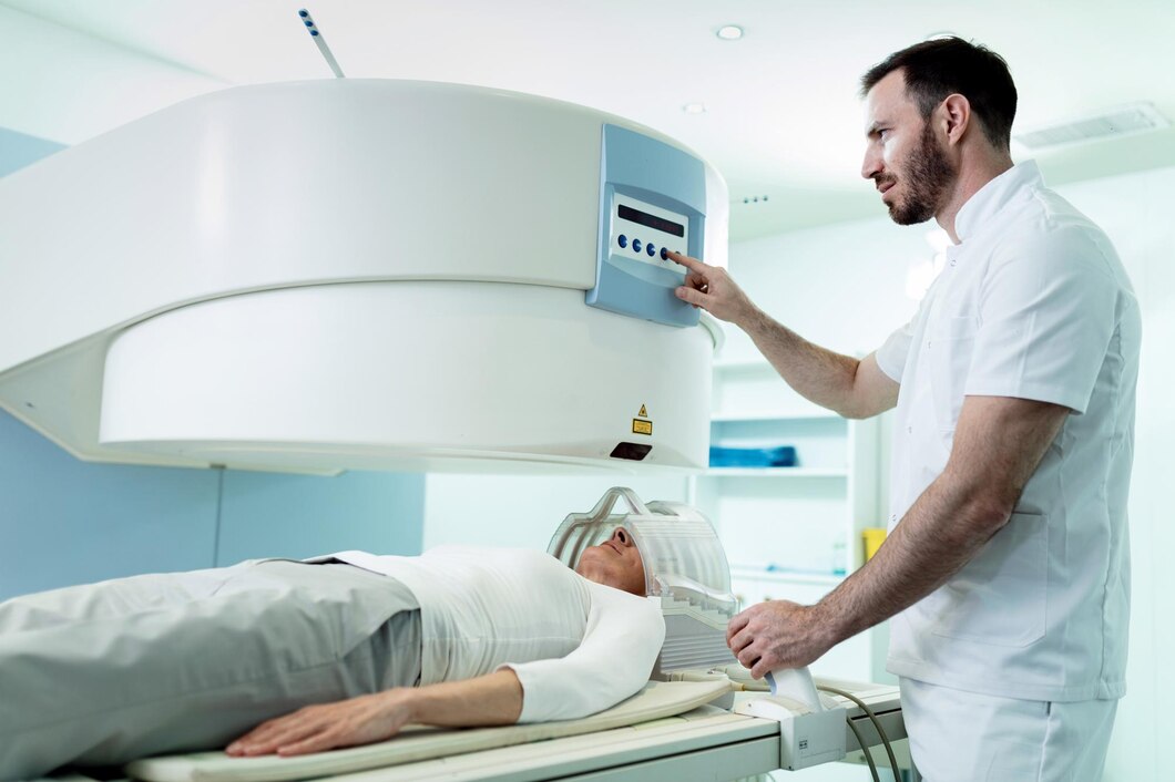 medical technician starting head mri scan procedure female patient hospital 637285 404