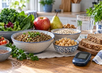 فیبر غذایی و دیابت نوع ۲؛ پژوهشها درباره قند خون چه میگویند؟ 15 چیدمان عدس، نخود، جو دوسر، نان سبوسدار، میوه و سبزی در کنار دستگاه سنجش قند خون
