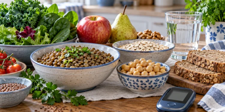 چیدمان عدس، نخود، جو دوسر، نان سبوس‌دار، میوه و سبزی در کنار دستگاه سنجش قند خون
