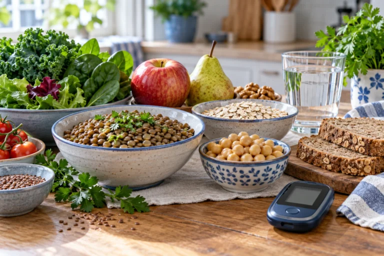 فیبر غذایی و دیابت نوع ۲؛ پژوهشها درباره قند خون چه میگویند؟ 47 چیدمان عدس، نخود، جو دوسر، نان سبوسدار، میوه و سبزی در کنار دستگاه سنجش قند خون