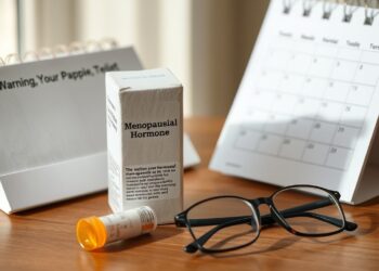 جعبه ساده دارو کنار بروشور، عینک مطالعه و تقویم؛ تصویری مفهومی از تغییر هشدار هورمون‌درمانی یائسگی