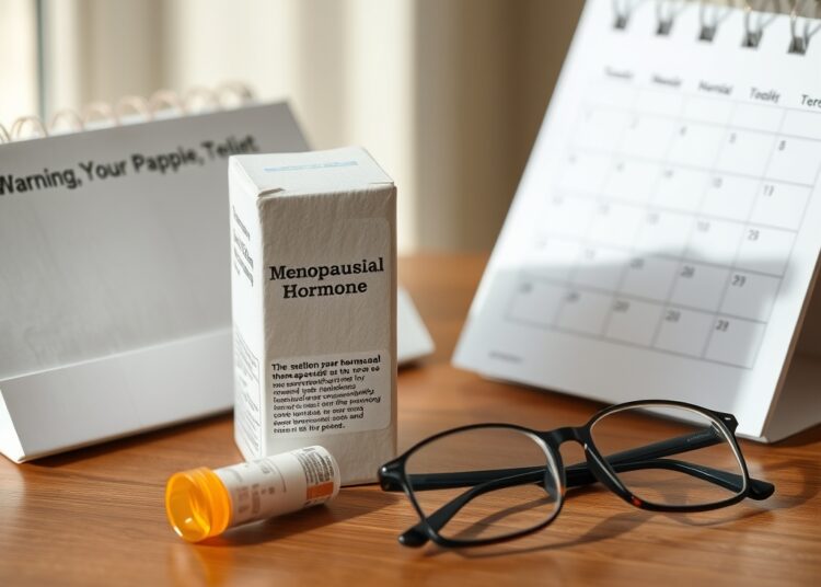هورموندرمانی یائسگی چیست و تغییر هشدار دارویی چه اهمیتی برای زنان دارد؟ 23 جعبه ساده دارو کنار بروشور، عینک مطالعه و تقویم؛ تصویری مفهومی از تغییر هشدار هورموندرمانی یائسگی
