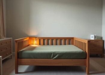 چه زمانی کودک برای رفتن از تخت نردهدار به تخت کودک آماده است؟ 6 تخت چوبی با ملحفه سبز در اتاقی مرتب و بدون حضور کودک
