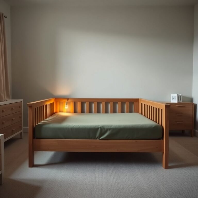 چه زمانی کودک برای رفتن از تخت نردهدار به تخت کودک آماده است؟ 121 تخت چوبی با ملحفه سبز در اتاقی مرتب و بدون حضور کودک